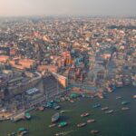 Stunning aerial shot of Varanasi's Ghats along the Ganges River at dusk, showcasing cultural vibrancy.