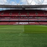 Wide view of an empty Emirates Stadium, home of Arsenal FC, in North London, England.