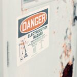 Close-up of a danger sign warning of electrocution hazard on a rusty utility door, indicating safety precautions.