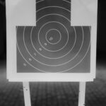 Black and white image of a shooting range target with numbered rings, highlighting aim precision.
