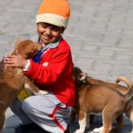 A cheerful child enjoying playful moments with puppies on a sunny day in Guwahati, India.