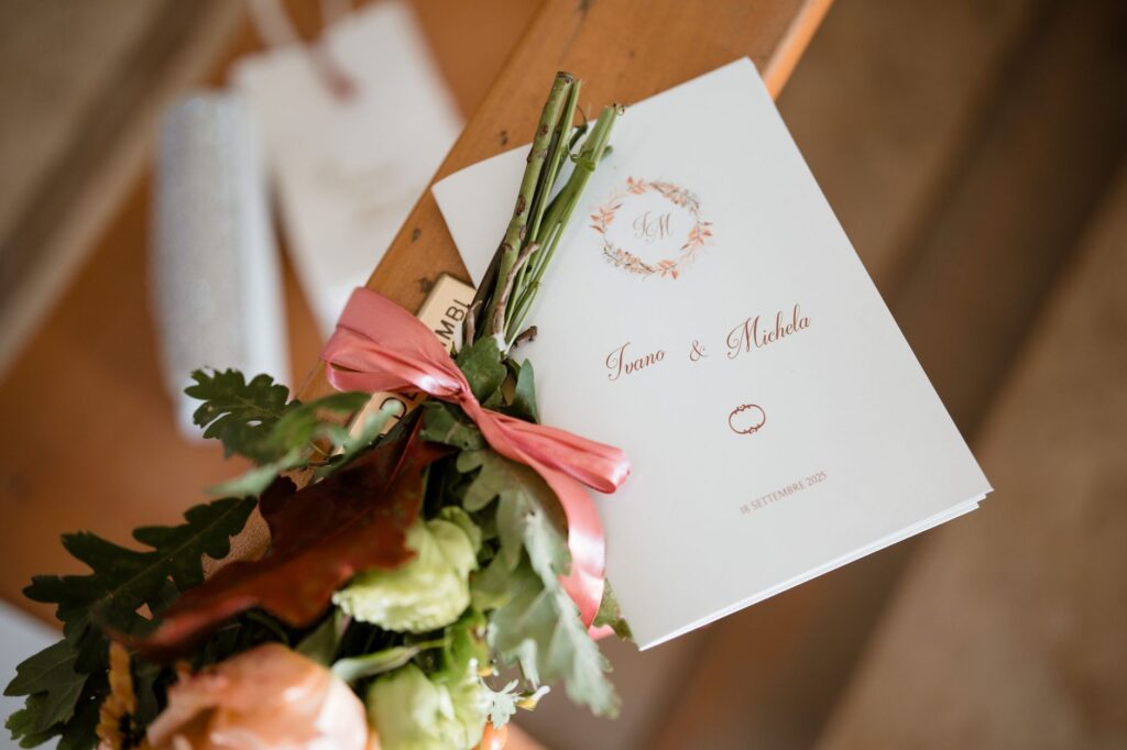 A wedding invitation and bouquet on display, signifying a special day.