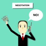 Concept illustration of man with money saying no to offer during business negations on phone
