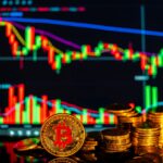 Golden bitcoins with financial growth charts illustrating investment opportunities in cryptocurrency.