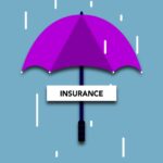 Decorative cardboard illustration of signboard with Insurance title under umbrella in rain on blue background