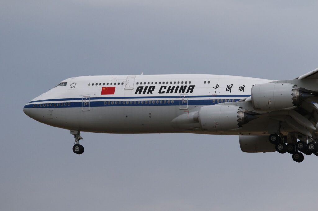 Air China Boeing 747 aircraft in flight near Frankfurt, Germany.