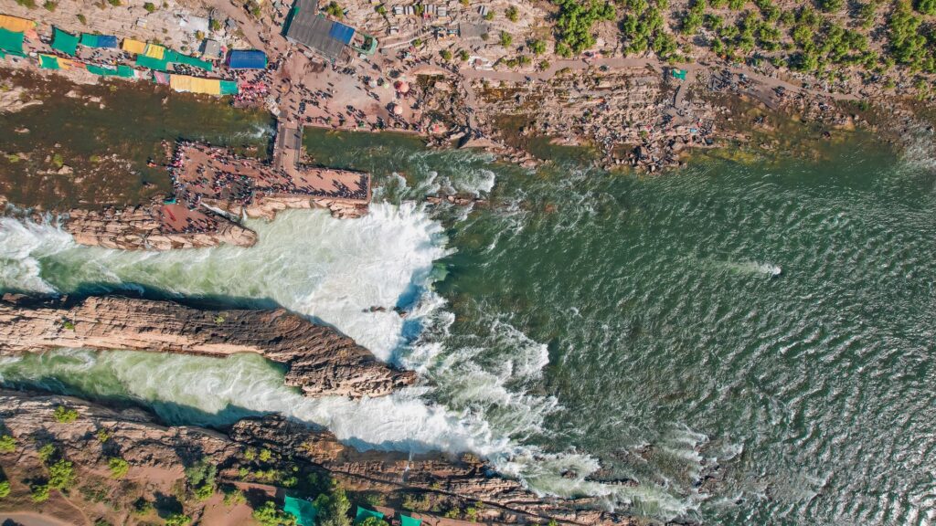 Stunning aerial shot of Dhuandhar Waterfall in Jabalpur, India, capturing the scenic beauty and power of nature.