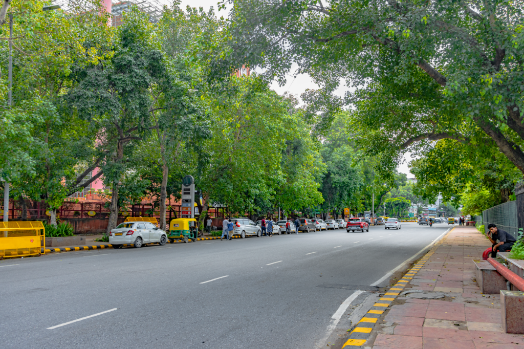 Vibrant street view in New Delhi showcasing trees, vehicles, and pedestrian activity.