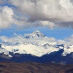 Beautiful snow-covered mountain peaks under fluffy clouds, showcasing nature's grandeur.