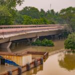 Flooded area under a bridge in New Delhi, surrounded by trees and murky water.