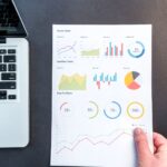 Detailed charts and graphs on a document next to a laptop, representing data analysis.