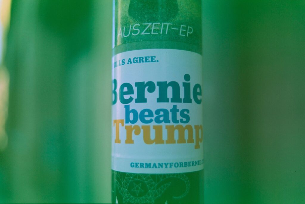 Close-up of political poster with the slogan, "Bernie beats Trump."