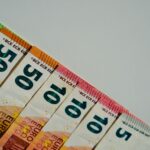 Close-up of various euro banknotes in different values on a plain background.
