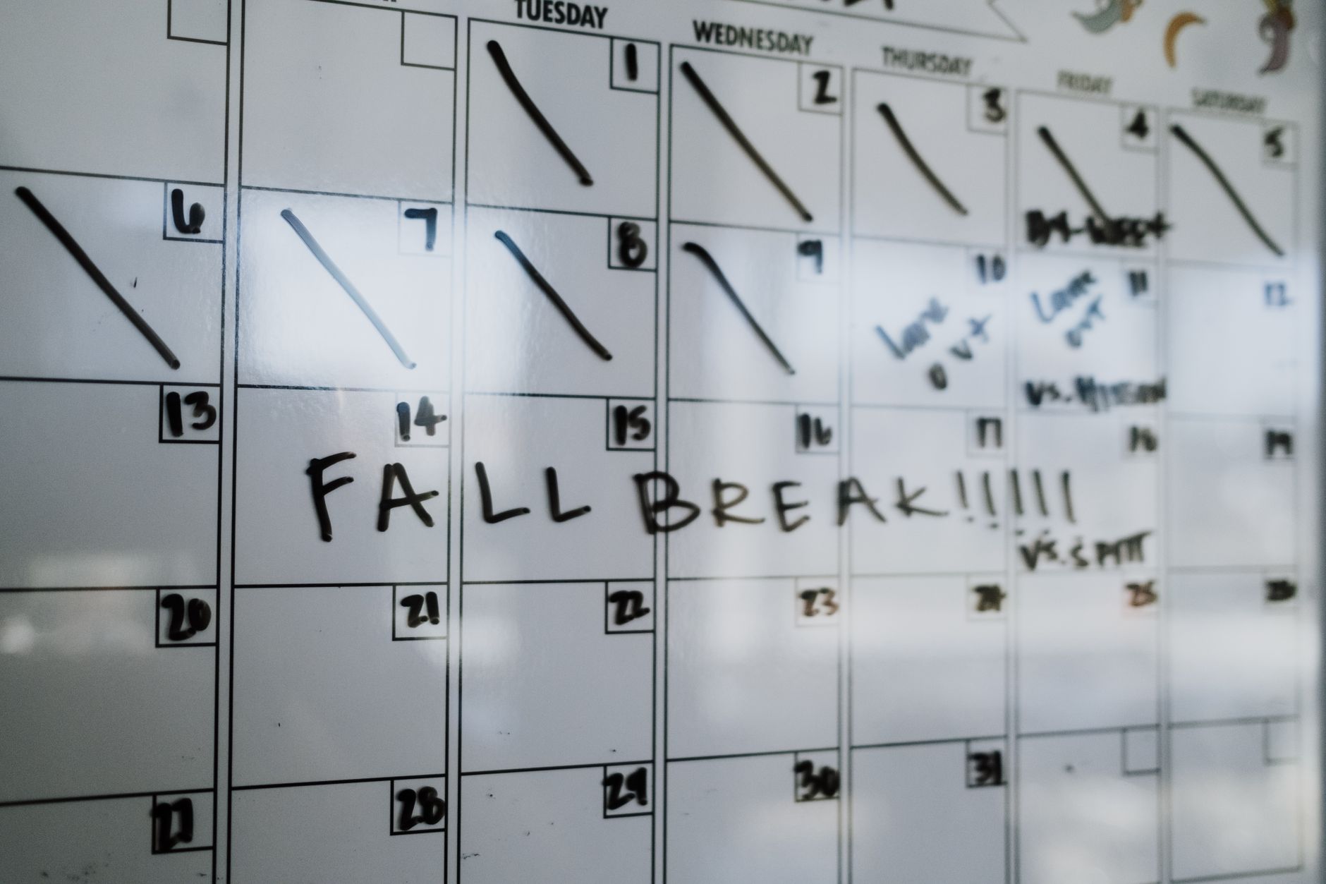 Close-up of a whiteboard calendar with 'FALL BREAK' written in bold letters.