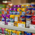 Colorful soda cans including Fanta, Pepsi, and Coca-Cola arranged on supermarket shelves, price tags visible.