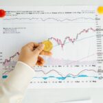 A hand holding a Bitcoin coin in front of a stock market chart, symbolizing analysis and finance.
