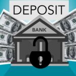 Decorative cardboard illustration of lock on bank with American paper money under Deposit inscription on blue background