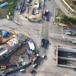 High angle shot of road construction and traffic in Ho Chi Minh City.