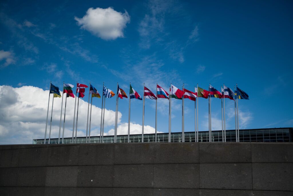 Row of European flags fluttering against a clear blue sky, symbolizing unity.