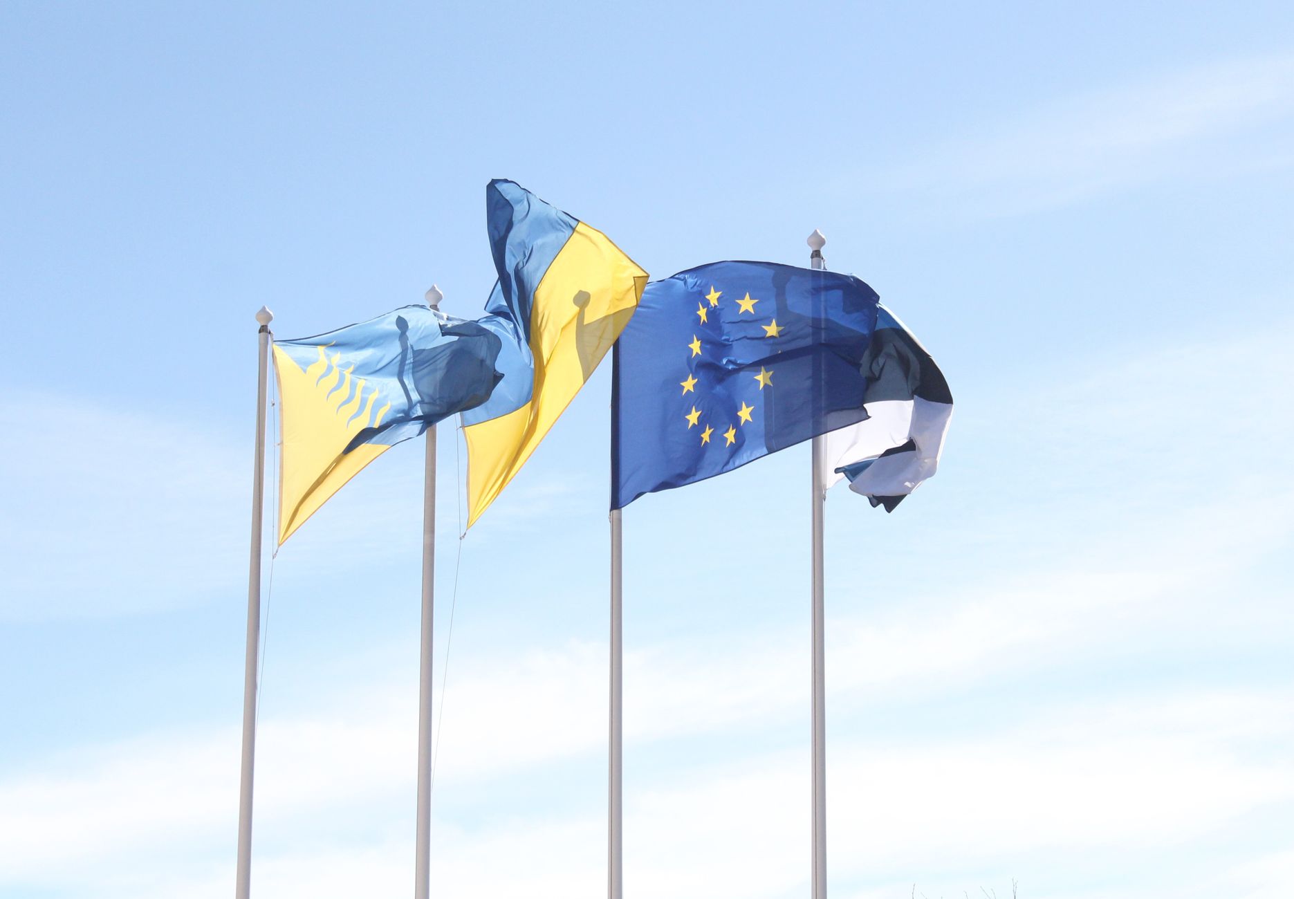 European Union and Estonian flags wave under a clear blue sky, symbolizing unity and harmony.