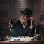 Vintage-styled detective scene with a man in a hat examining papers under a lamp.