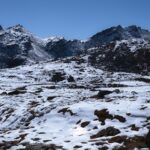 A breathtaking view of snow-covered mountains in Tawang on a sunny winter day.