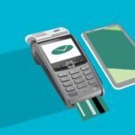 Decorative cardboard appliques of POS terminal with credit card near cellphone with app on screen during money transaction on blue background