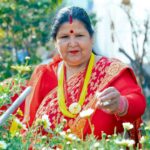 South Asian woman in vibrant red sari picking flowers in a sunny rural garden.