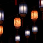 Vibrant Asian lanterns glowing against a dark night sky, perfect for cultural festivities.