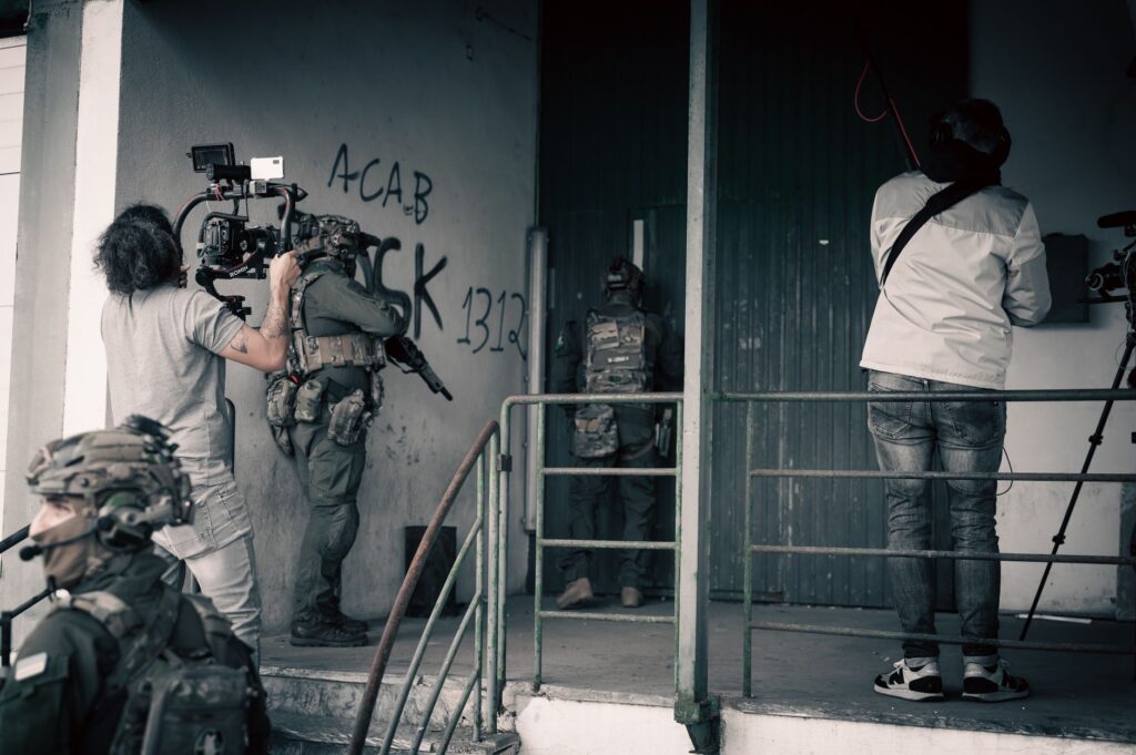 Capturing intense military film scenes with a crew in Lisbon, Portugal.