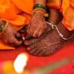 Beautiful mehndi designs on feet during an Indian ritual ceremony in Nagpur, India.