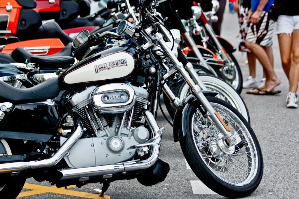 Classic Harley Davidson motorcycles lined up outdoors, capturing a street vibe.