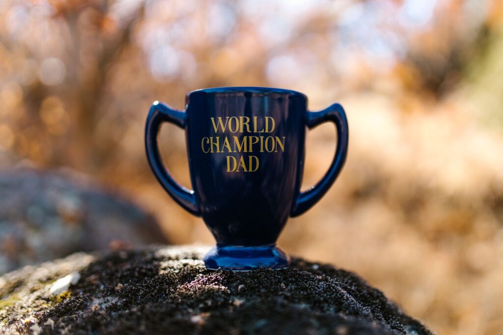 Blue cup with 'World Champion Dad' text placed on a rock with blurred nature background.