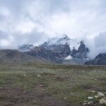 Breathtaking view of snow-capped mountains and clouds in North Sikkim, India.