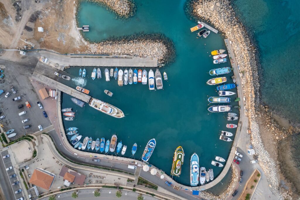 Stunning aerial shot of Pernera harbor with boats in Famagusta, Cyprus.