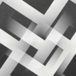 Minimalist abstract pattern with overlapping geometric shapes in black and white.