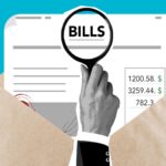 Cutout paper composition of male with magnifier received expensive taxes and payments on blue background