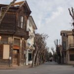 Explore a quaint street in Istanbul lined with leafless trees and rustic architecture.
