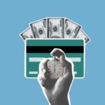 Cut out paper composition of stopwatch in hand of man waiting for money credited to credit card on blue background