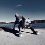 Artistic metal sculpture of a fox by the lakeside in Šiauliai, Lithuania.