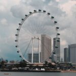 The iconic Singapore Flyer with city skyline on a cloudy day, showcasing urban architecture.