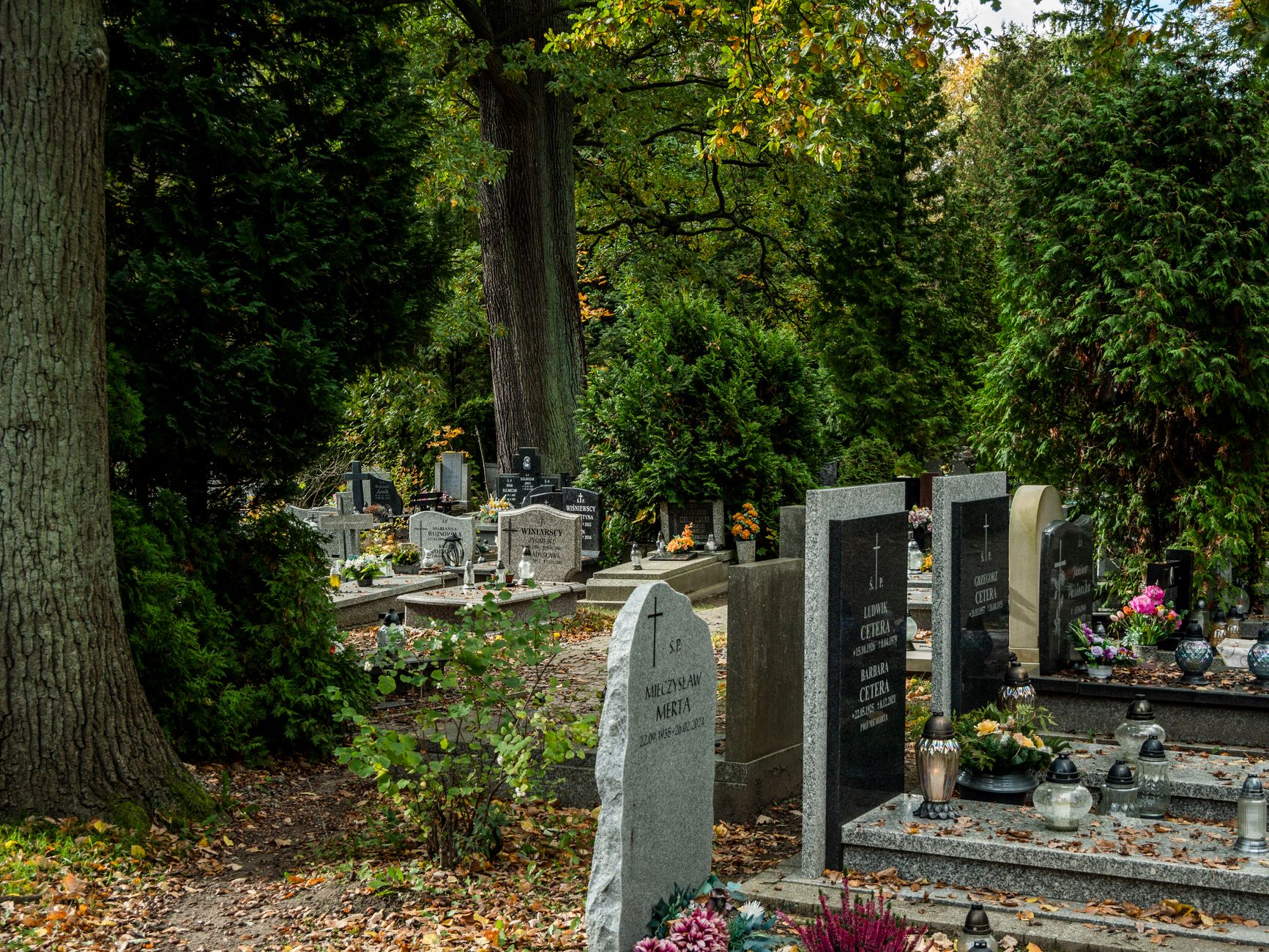 Peaceful cemetery with headstones surrounded by green trees and flowers.