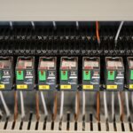 Close-up view of electrical relays in an industrial panel box showcasing circuit components.