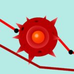 Vector image of red Covid virus against decreasing line graph on blue background