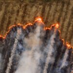 A dramatic aerial view showcasing a fire spreading across a dry agricultural field in Mpumalanga, South Africa.