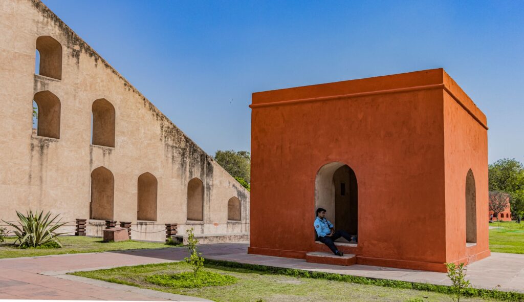 Historic Jantar Mantar monument in New Delhi, featuring unique architecture and vibrant colors