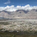 A stunning aerial view of Nubra Valley with mountains and scattered settlements beneath a blue sky.
