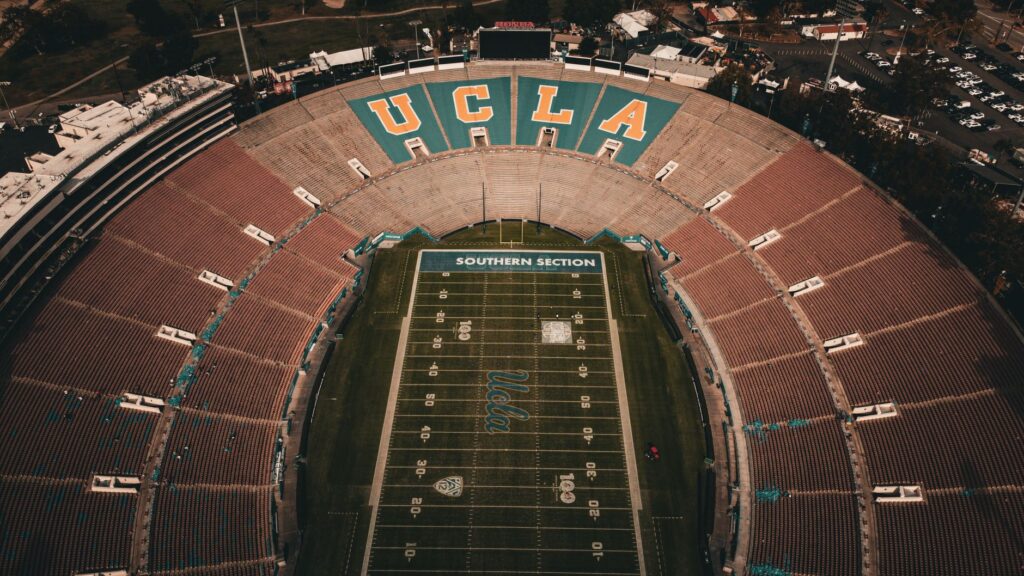 A captivating aerial shot of UCLA's famous Rose Bowl stadium in Los Angeles.