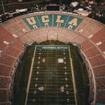 A captivating aerial shot of UCLA's famous Rose Bowl stadium in Los Angeles.