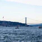 Scenic view of the Bosphorus Bridge and boats on Bosphorus Strait in Istanbul, Turkey.
